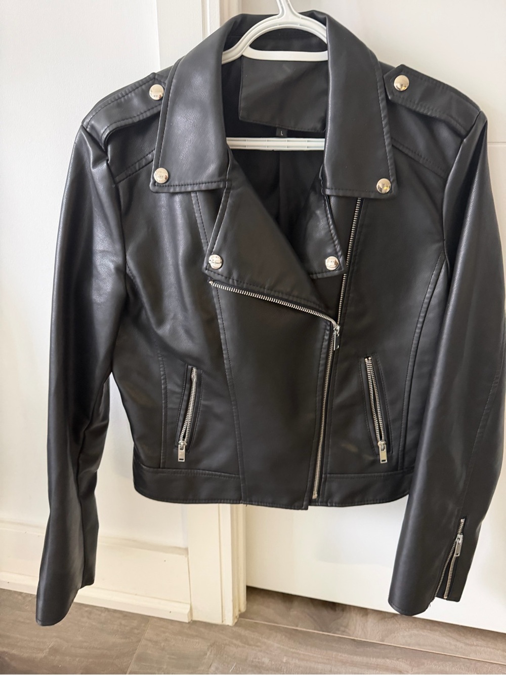 SHEIN Black Faux Leather Moto Jacket with Silver Hardware